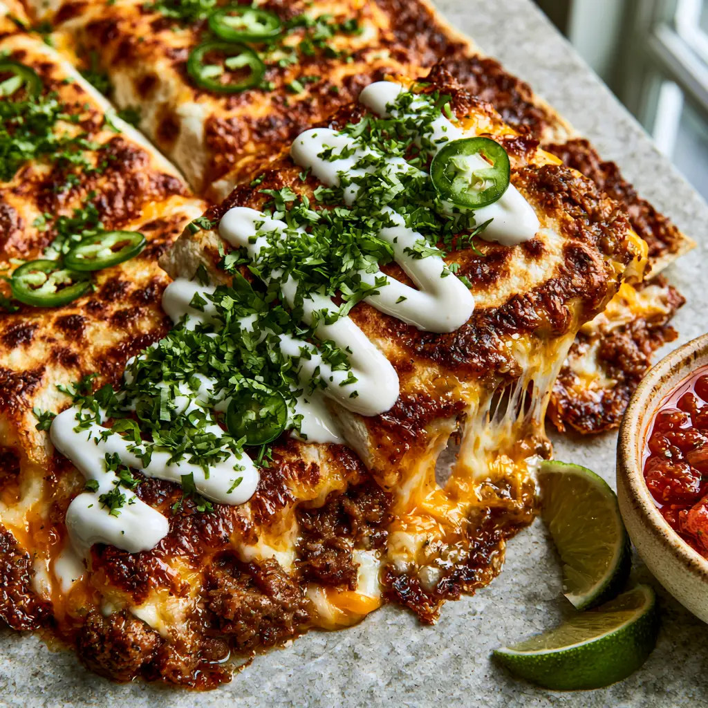 Close up shot of a macro cheese pull from a golden-brown ground beef quesadilla square.