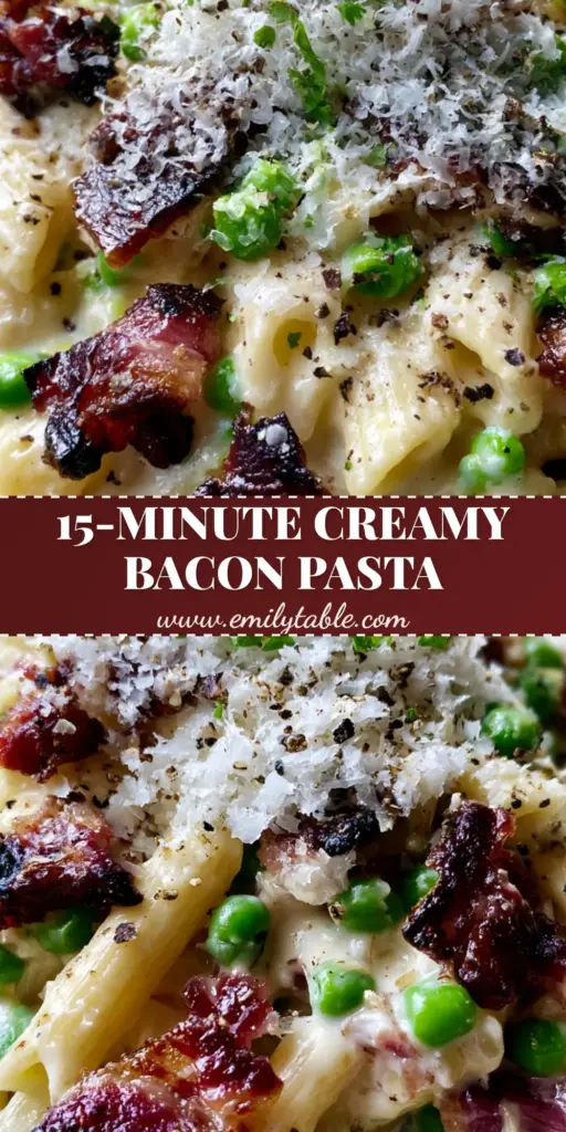 A shallow matte ceramic bowl featuring Bacon and Pea Pasta with mahogany charred bacon and a snowy mound of Pecorino cheese.