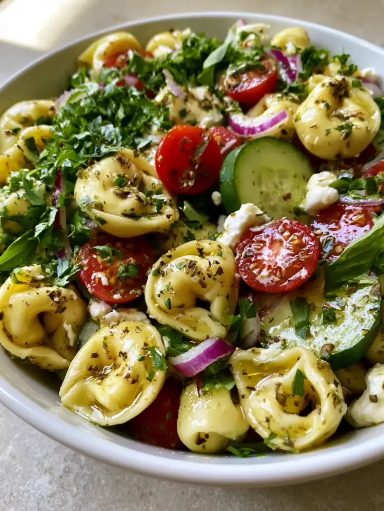 Top-down angled shot showing the dense layer of parsley and basil over the cold tortellini pasta salad.