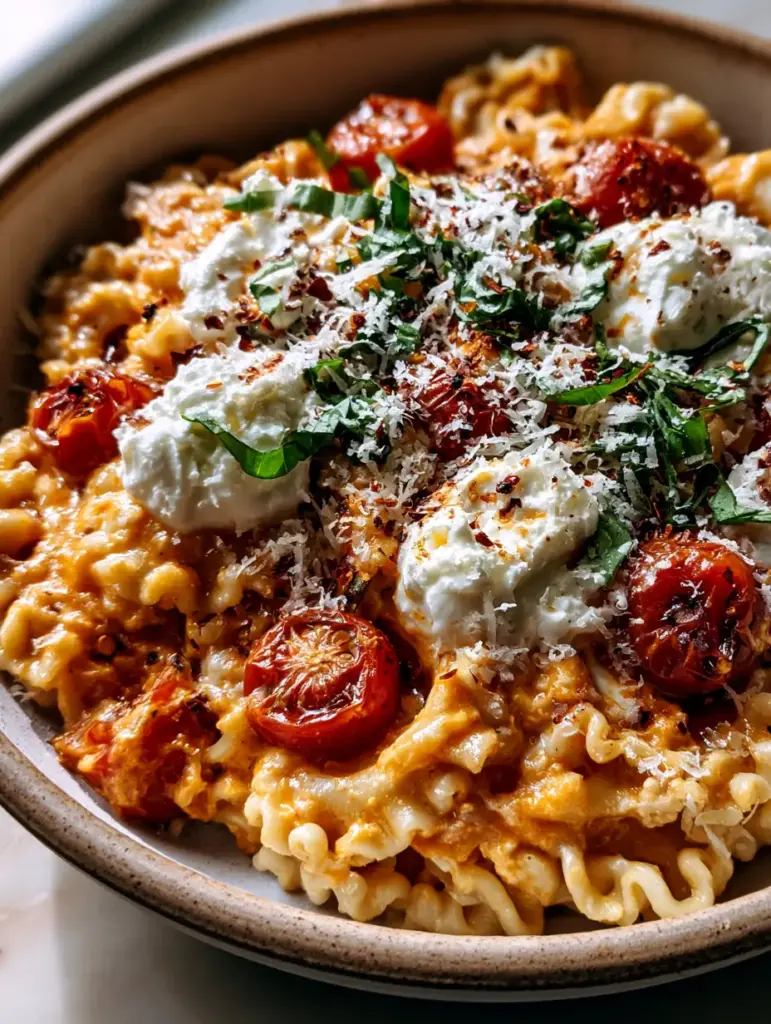 Detailed shot of whipped ricotta dollops and basil ribbons on top of Tomato ricotta pasta.