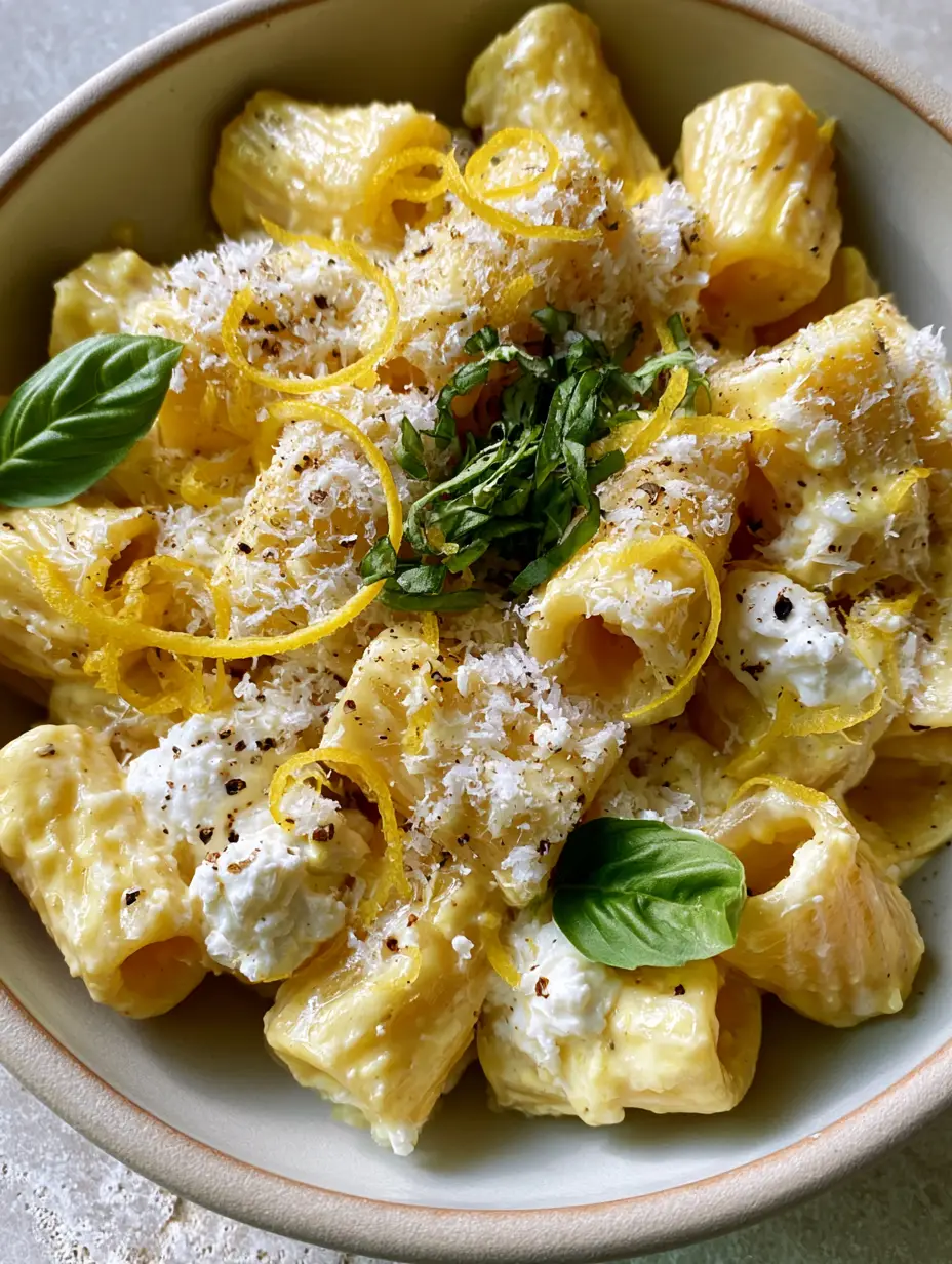 Creamy Lemon Ricotta Pasta with Fresh Basil and Whipped Ricotta 3 Extreme close-up of rigatoni pasta coated in a thick, glossy pale-yellow lemon ricotta sauce. (creamy lemon ricotta pasta)