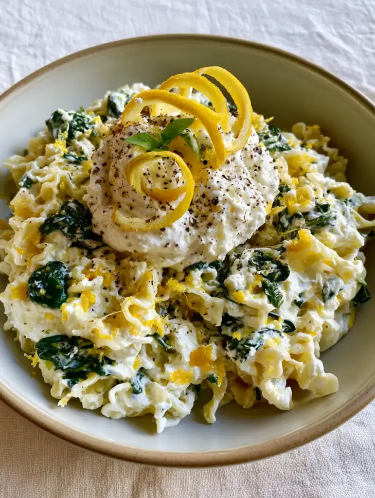 Lemon Ricotta Pasta with Whipped Ricotta and Wavy Mafaldine 2 Smartphone photo of Lemon Ricotta Pasta with airy whipped sauce and wilted spinach. (Lemon Ricotta Pasta)