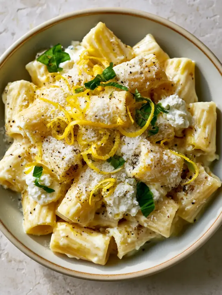Creamy Lemon Ricotta Pasta with Fresh Basil and Whipped Ricotta 1 Close-up of fluffy white whipped ricotta dollops and emerald green basil on lemon pasta. (creamy lemon ricotta pasta)