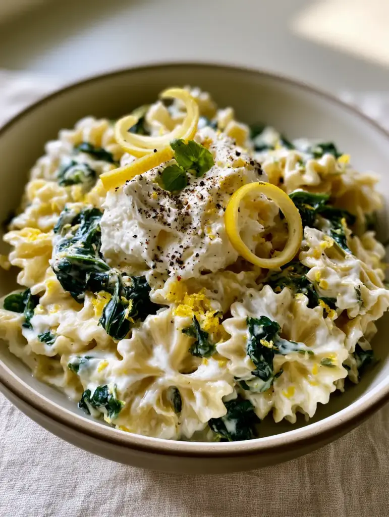 Lemon Ricotta Pasta with Whipped Ricotta and Wavy Mafaldine 1 Close up of mafaldine ridges coated in a garlic butter emulsion and whipped ricotta. (Lemon Ricotta Pasta)