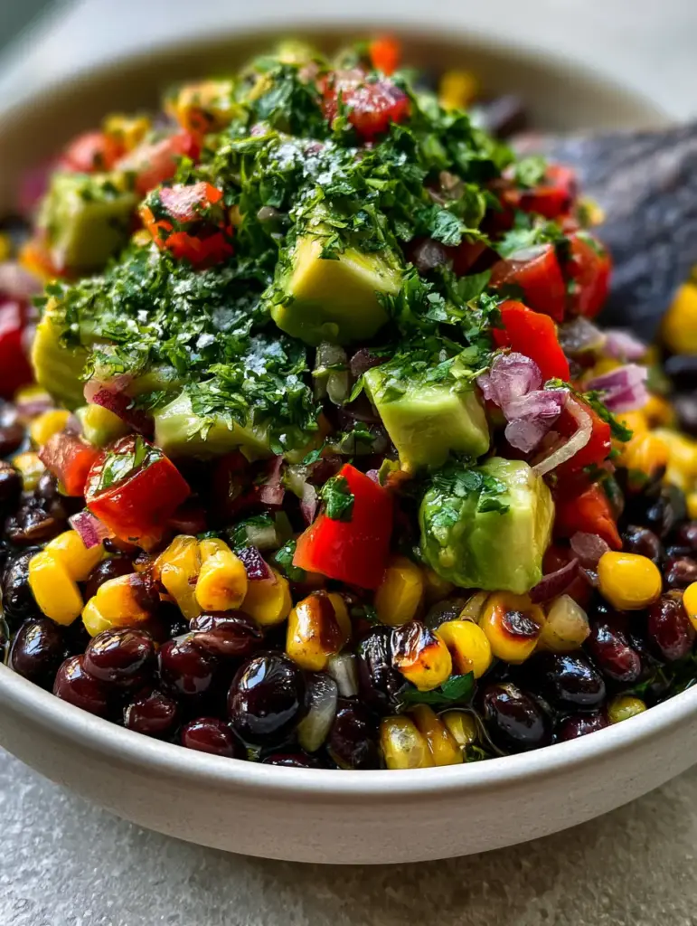 Macro photo of glistening Black Bean Corn Salsa showing jet-black beans and charred yellow corn kernels in a matte-white bowl.