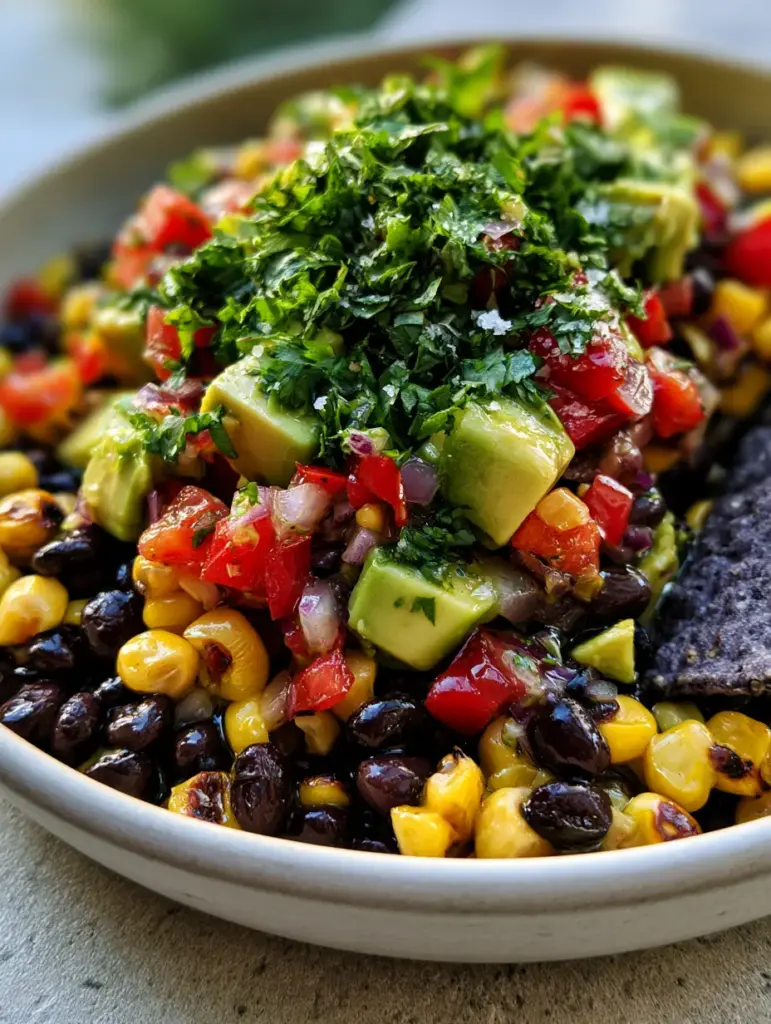 Black Bean Corn Salsa: The Ultimate Zesty Cowboy Caviar Recipe 1 Detailed shot of Cowboy Caviar salsa with cubed avocado, red bell peppers, and purple onions topped with sea salt and cilantro.
