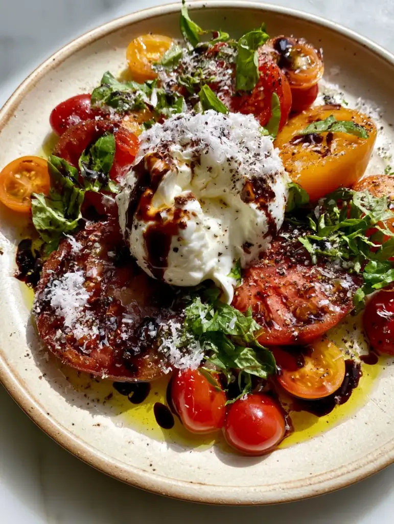 Close-up of creamy stracciatella inside a torn burrata ball surrounded by juicy tomatoes and balsamic glaze.