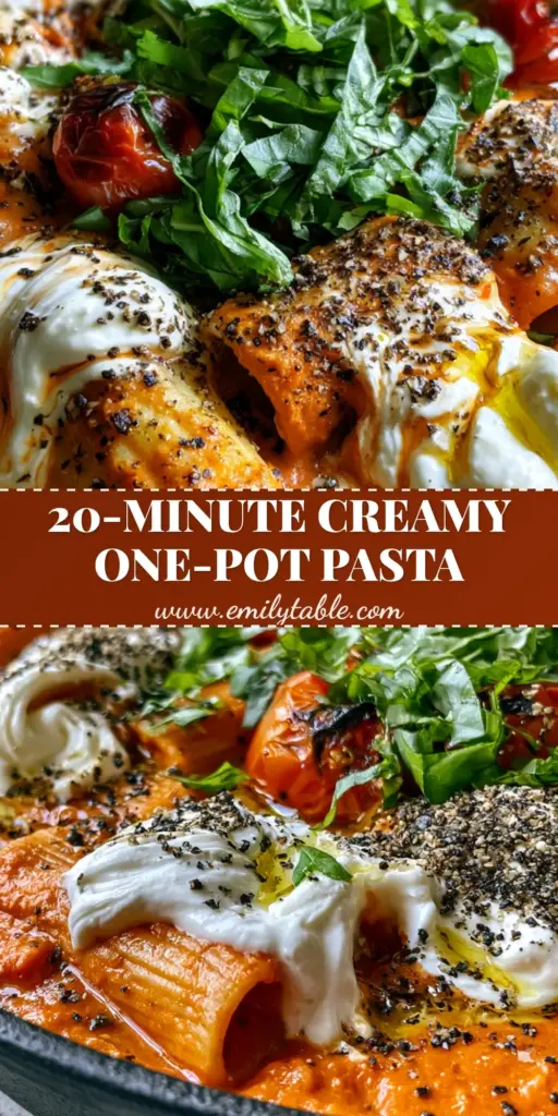 A top-down view of Creamy Tomato Ricotta Pasta in a matte black skillet with vibrant red sauce and white ricotta dollops.