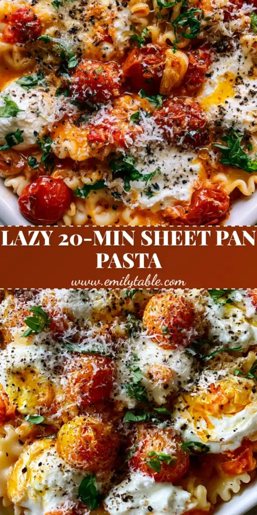A top-down view of Roasted Tomato and Garlic Ricotta Pasta on a white sheet pan with mafaldine ribbons, jammy tomatoes, and white ricotta dollops.