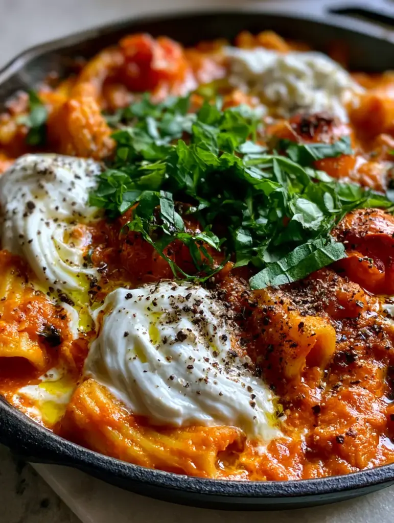 Extreme macro of pillowy ricotta swirled into vibrant orange-red tomato sauce on rigatoni pasta.