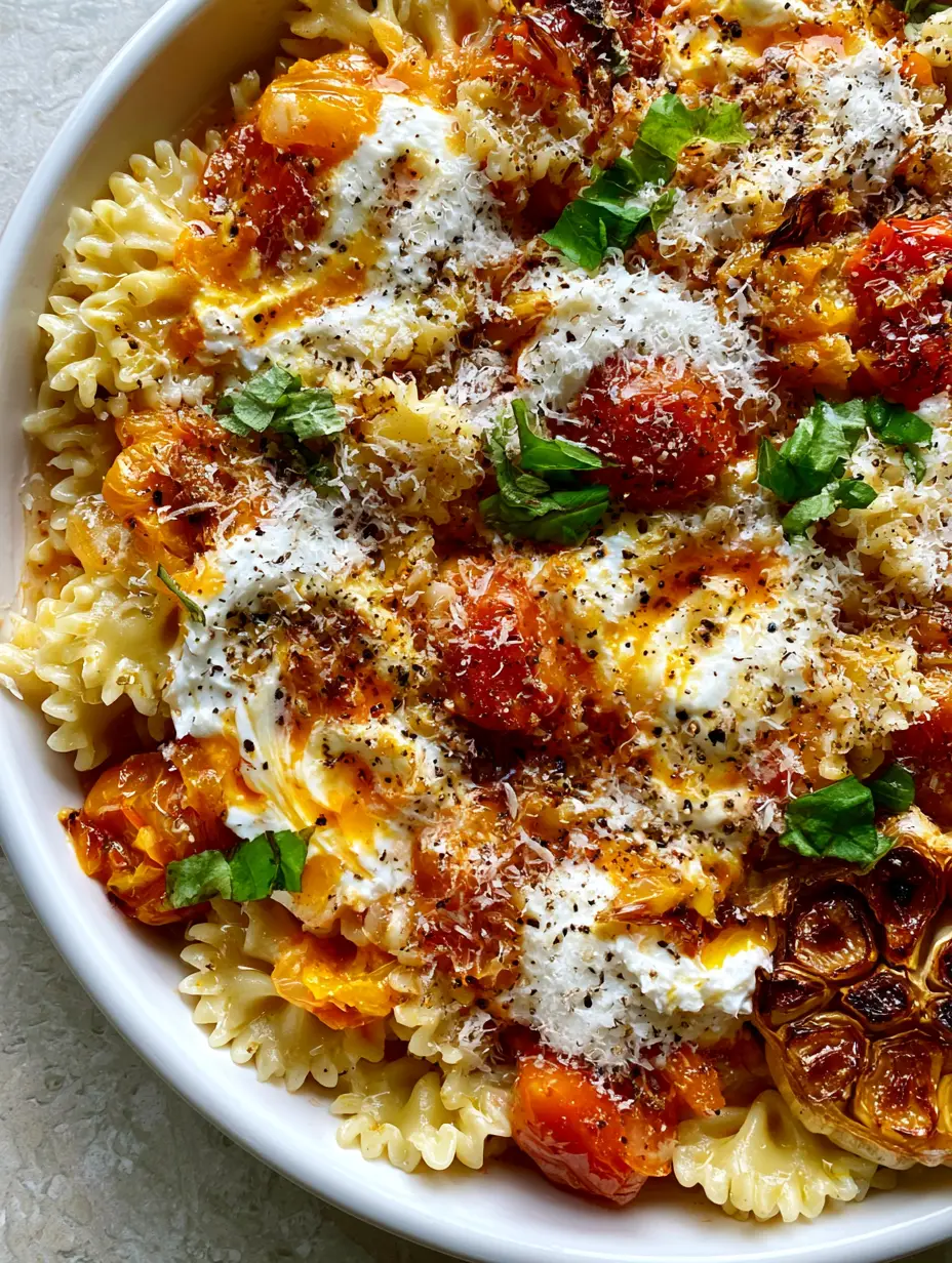 Macro shot of Roasted Tomato and Garlic Ricotta Pasta showing al dente mafaldine and burst cherry tomatoes with high-gloss olive oil sheen.