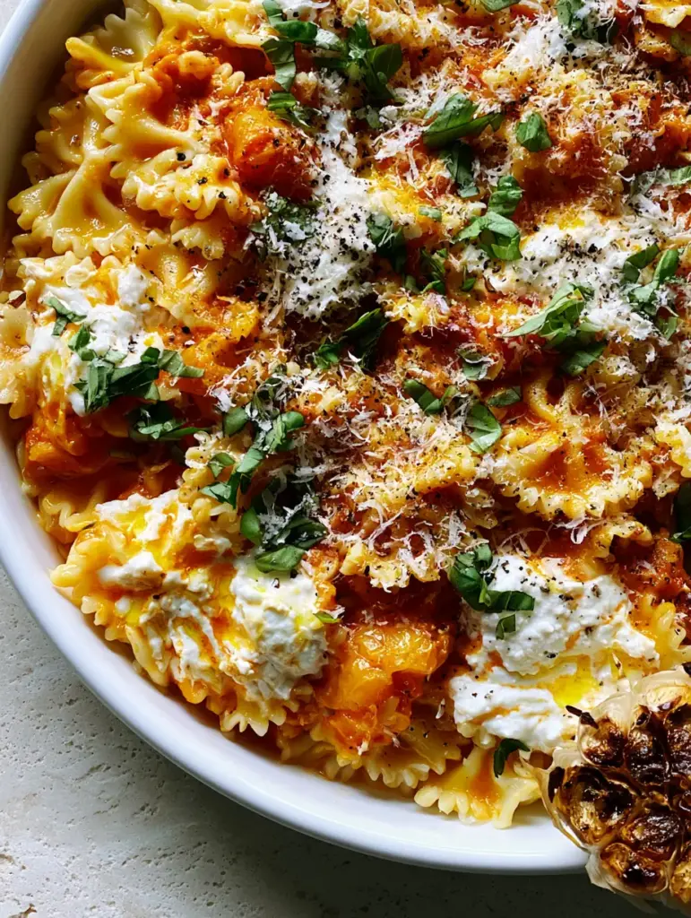 Top-down view of the ceramic sheet pan featuring Roasted Tomato and Garlic Ricotta Pasta, marbled ricotta, and a caramelized garlic head.