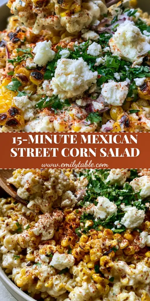 A close-up vertical shot of Mexican Street Corn Pasta Salad in a grey ceramic bowl, featuring rotini pasta, charred corn kernels, rustic cotija crumbles, and a dusting of chili powder.