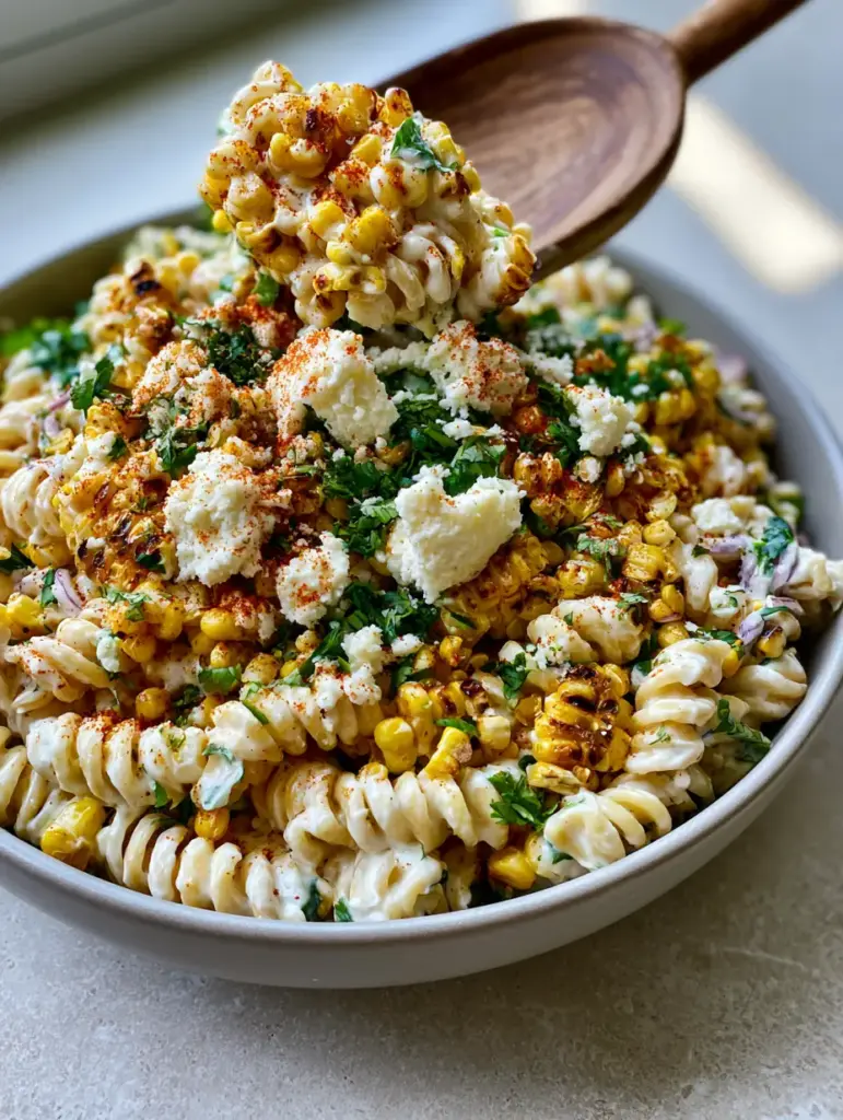 Handheld smartphone photo of a vibrant Mexican Street Corn Pasta Salad with visible grill marks on corn and a thick lime-crema dressing. (Mexican Street Corn Pasta Salad)