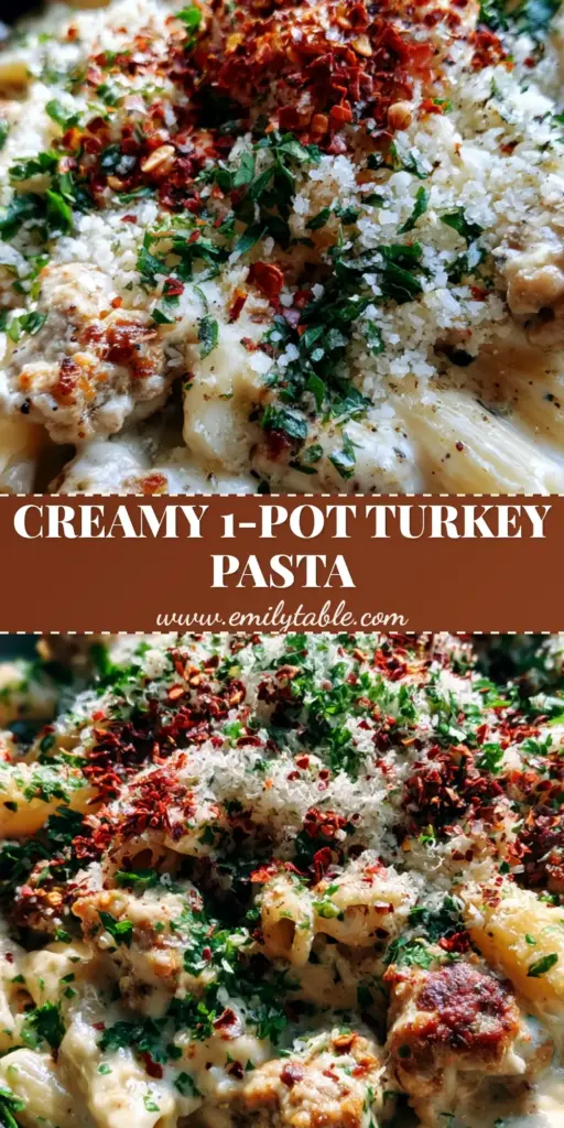 A close-up handheld shot of a bowl of ground turkey pasta featuring penne in a thick garlic cream sauce with parsley and red pepper flakes.