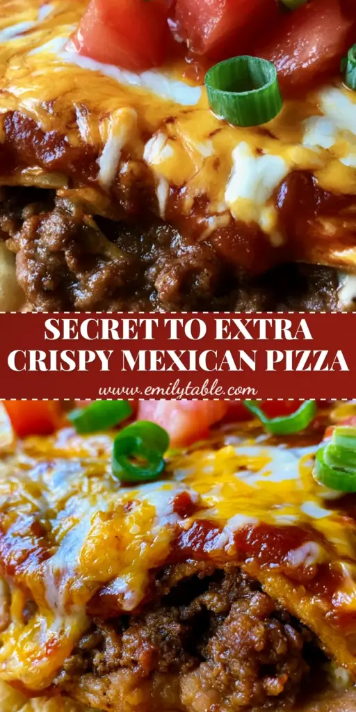 A gourmet Mexican pizza with two crispy fried tortillas, layered with beef and beans, topped with melted cheddar, Monterey Jack, diced tomatoes, and green onions.