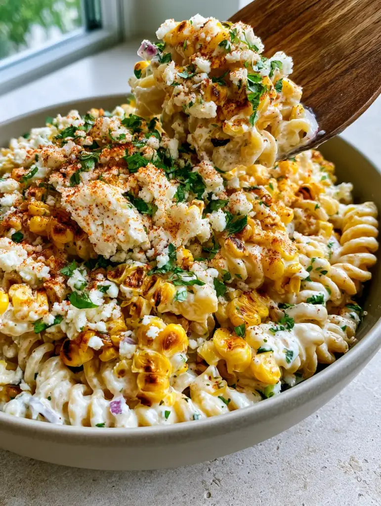 Close up of a wooden spoon scooping Mexican Street Corn Pasta Salad, showing the creamy texture and cotija cheese topping.
