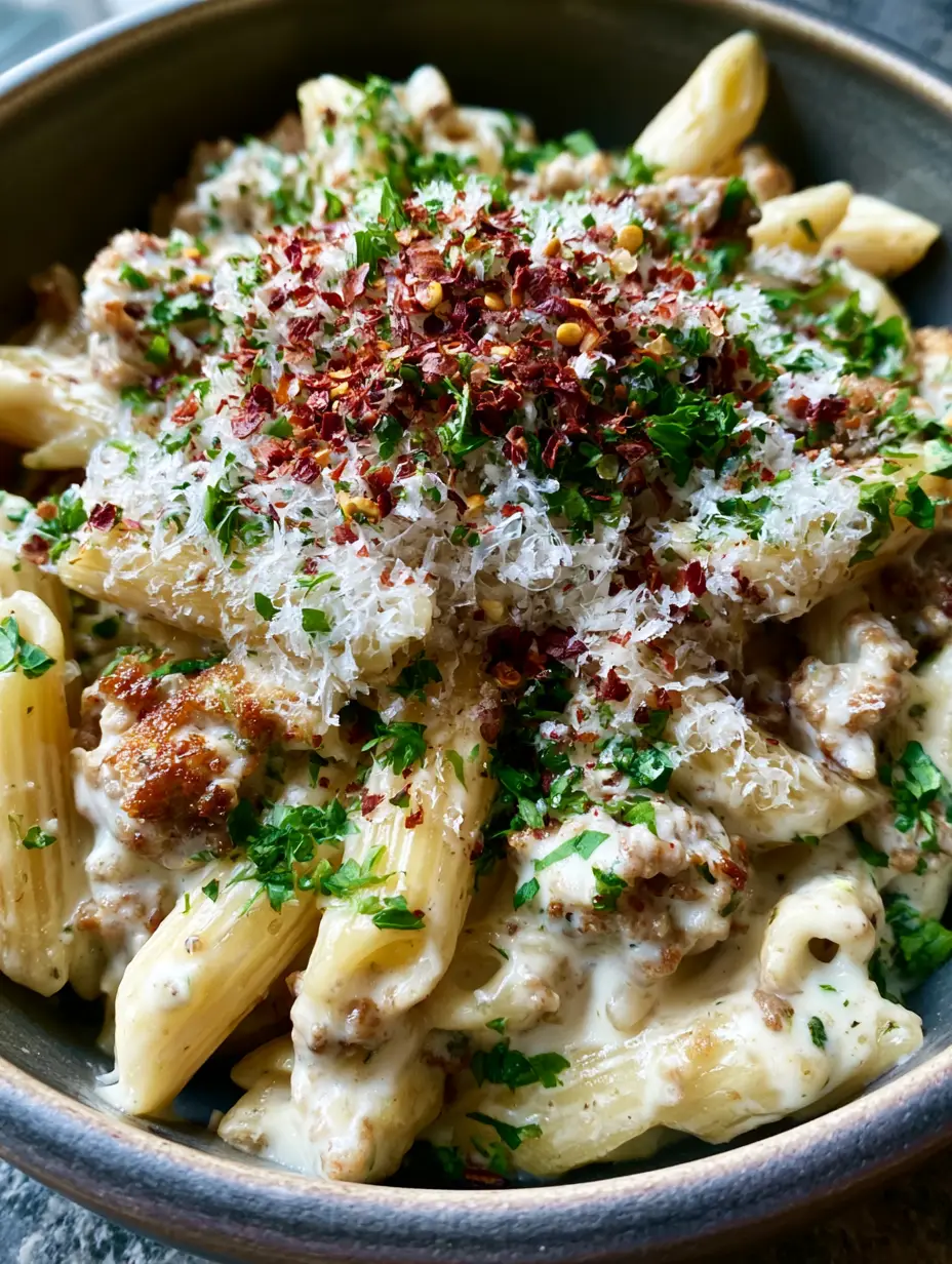 Smartphone photo of creamy ground turkey pasta with steam rising and golden-brown seared turkey crumbles.