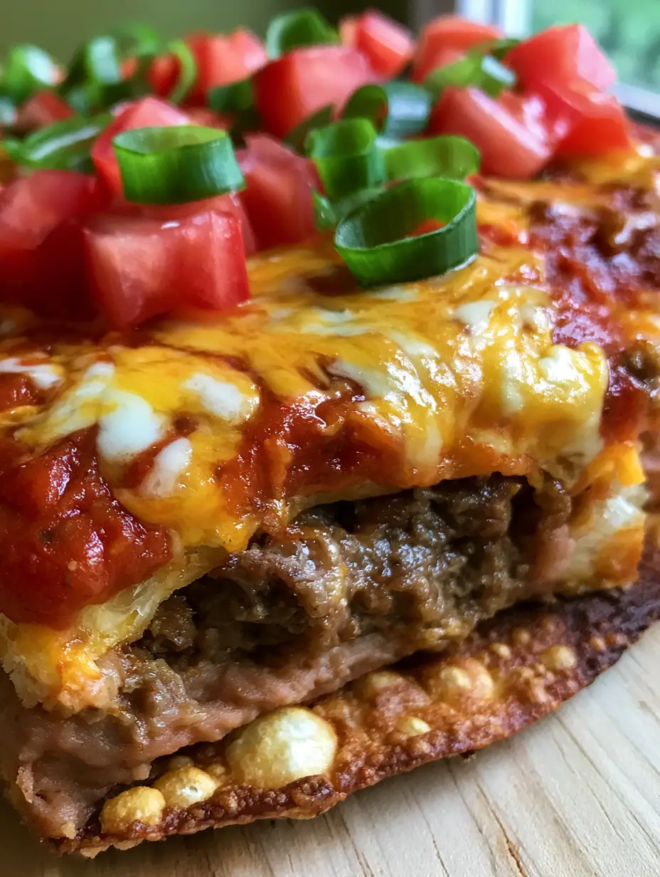 A macro eye-level shot of a Mexican pizza slice being lifted, showing flaky bubbles on a golden-brown tortilla and a thick layer of savory beef and beans.
