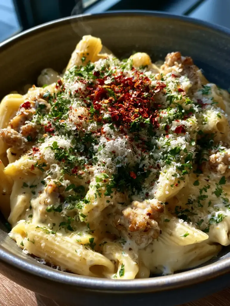 Ground turkey pasta garnished with vibrant parsley, red chili flakes, and a dusting of micro-planed parmesan cheese.