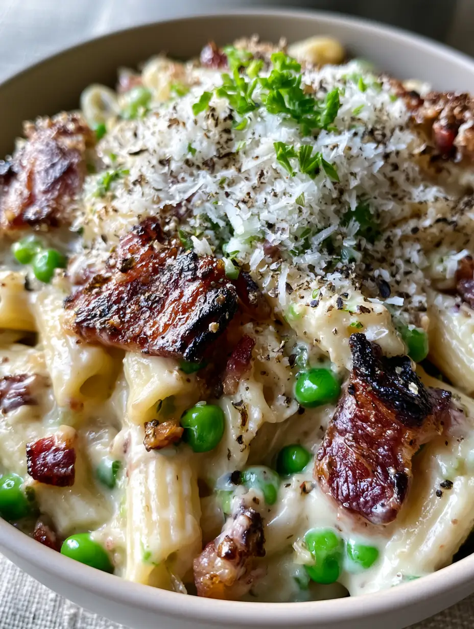 Macro close-up of glossy ivory sauce on ridged penne in a Bacon and Pea Pasta dish.