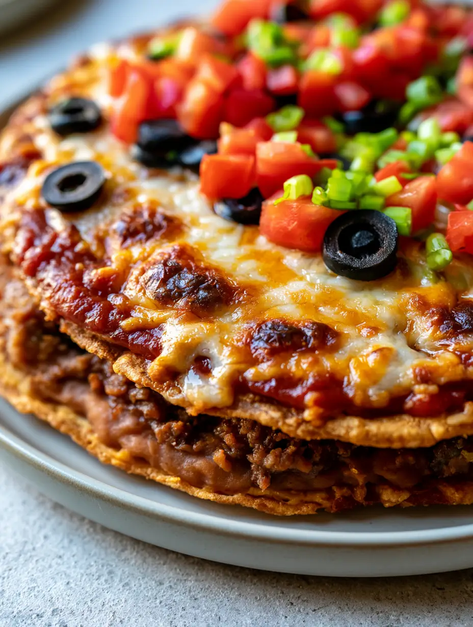 Extreme close-up of a stacked taco bell mexican pizza showing shattered tortilla edges and bubbling cheese.