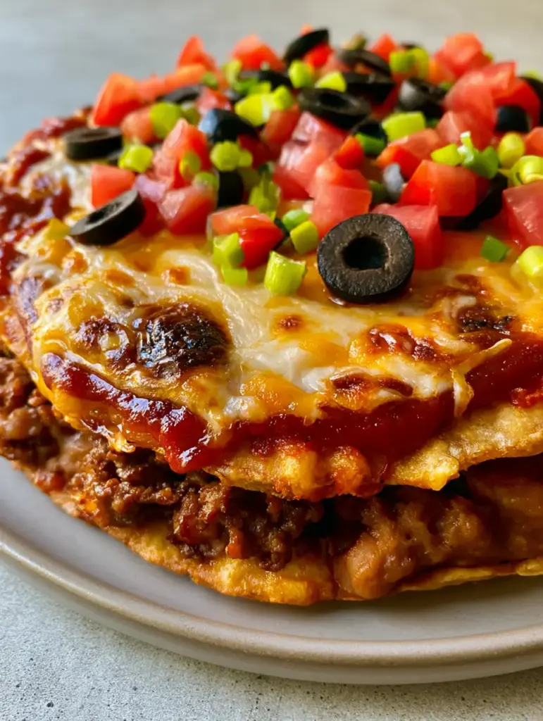 Side view of a taco bell mexican pizza highlighting the layers of beef, beans, and vibrant red sauce.
