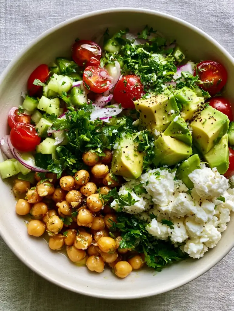 A handheld smartphone photo of a vibrant chickpea feta avocado salad with glistening chickpeas and fresh parsley.