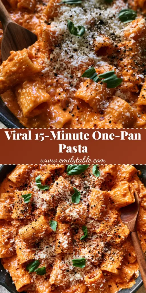 A close-up shot of glossy rigatoni pasta alla vodka in a black skillet with fresh basil and parmesan.