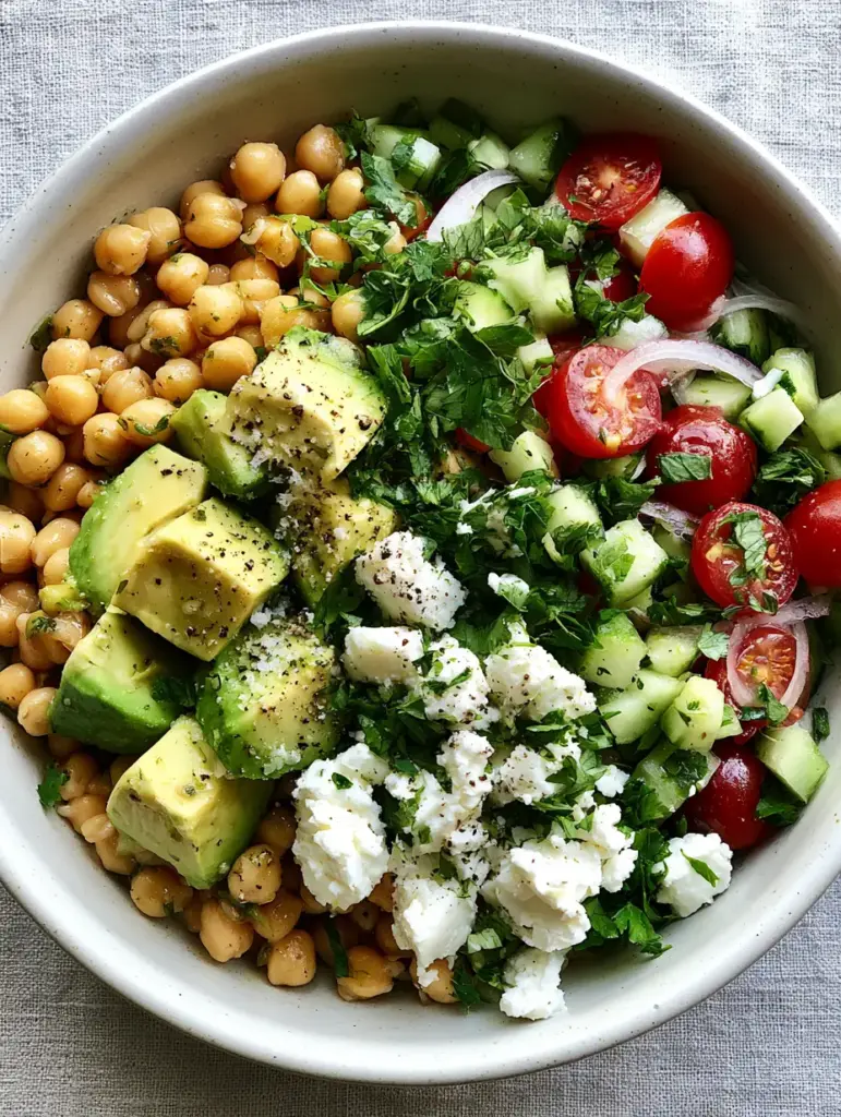 Close-up of cubed lime-green avocado and creamy white feta cheese in a chickpea feta avocado salad.