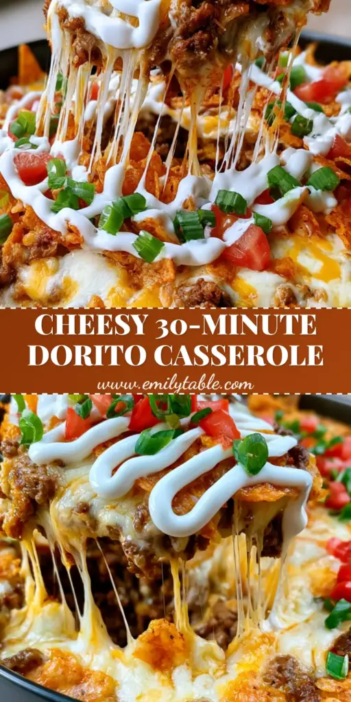 A close-up vertical shot of Mexican Dorito Casserole featuring melted bubbling cheese, jagged orange chips, and a sour cream drizzle. (Mexican Dorito Casserole)