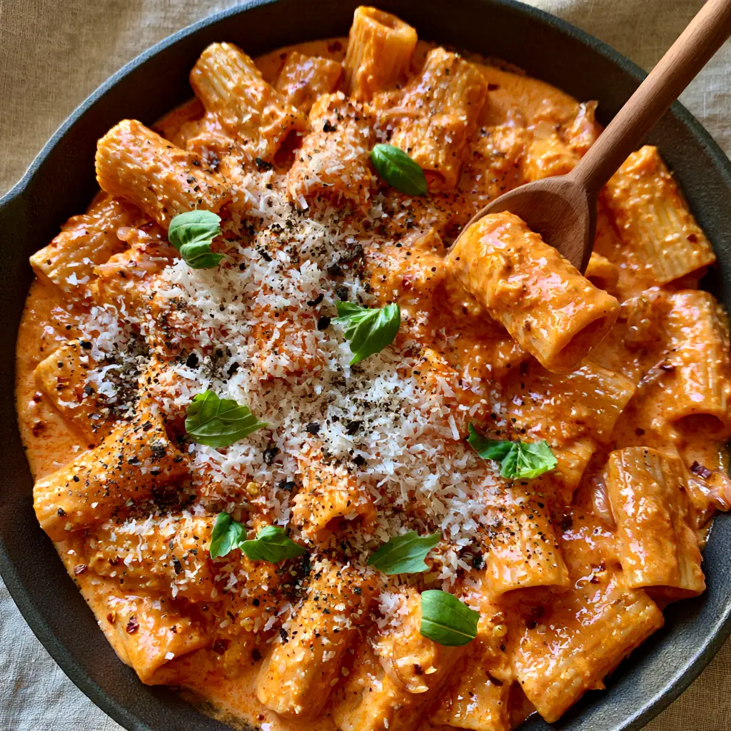 Overhead view of pasta alla vodka topped with a snowfall of parmesan cheese and cracked black pepper.