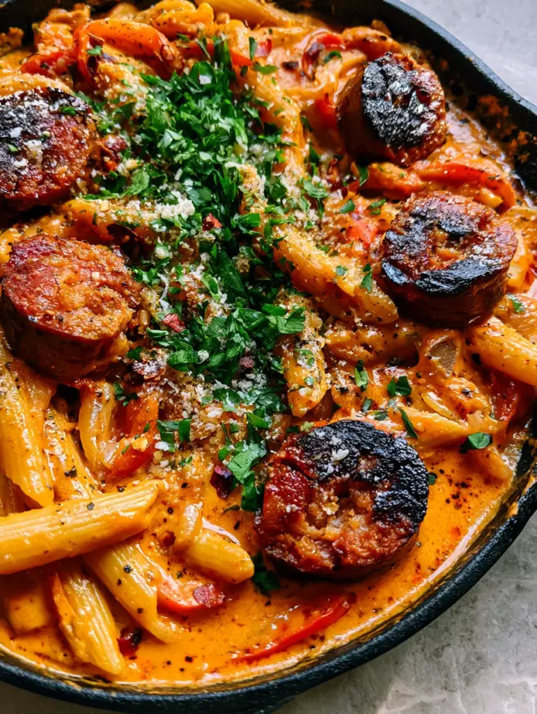 Slivered red peppers and translucent onions mixed into a creamy cajun sausage pasta dish.