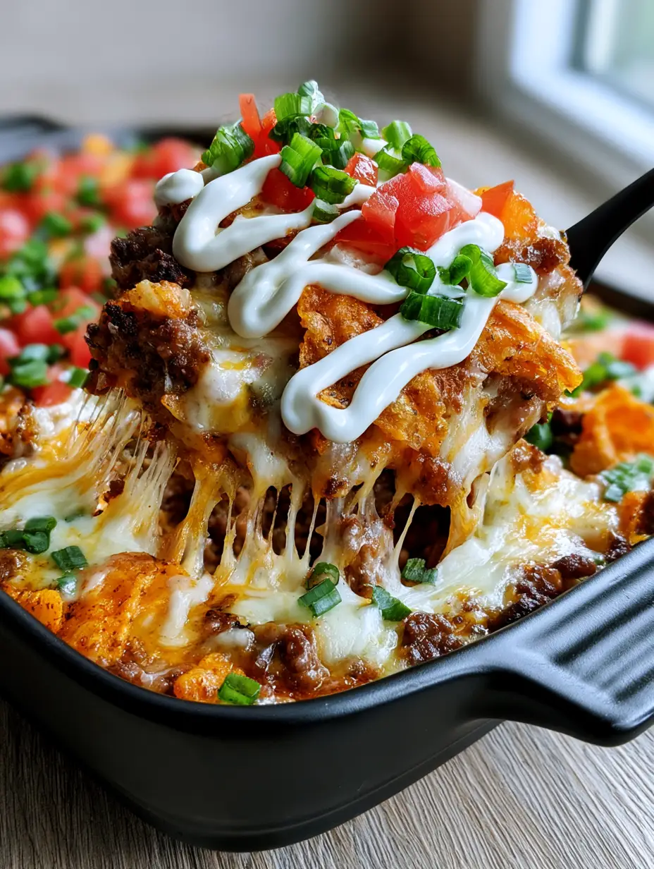 A smartphone photo showing a dramatic cheese pull as a scoop is lifted from a Mexican Dorito Casserole in a black dish. (Mexican Dorito Casserole)