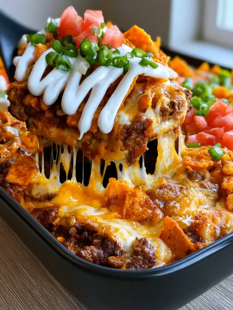 Top view of Mexican Dorito Casserole showing the golden-browned cheese edges and vibrant green and red garnishes.