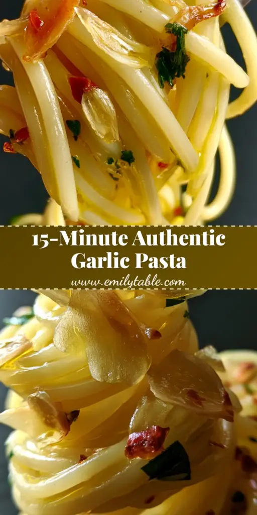 Spaghetti Aglio e Olio: The Ultimate Guide to Perfect Roman Pasta 3 A tall, elegant twirl of Spaghetti Aglio e Olio held by a fork, glistening with olive oil and topped with golden garlic slivers and red pepper flakes.