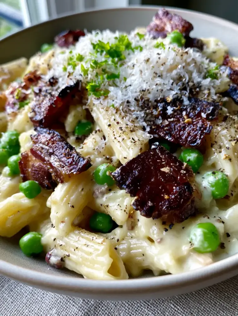 Close-up of mahogany charred bacon lardons and emerald green peas in a creamy pasta bowl.