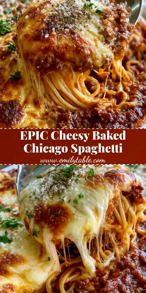 A close-up 45-degree angle shot of Chicago-style spaghetti in a white ceramic dish with a massive cheese pull from a stainless spoon.