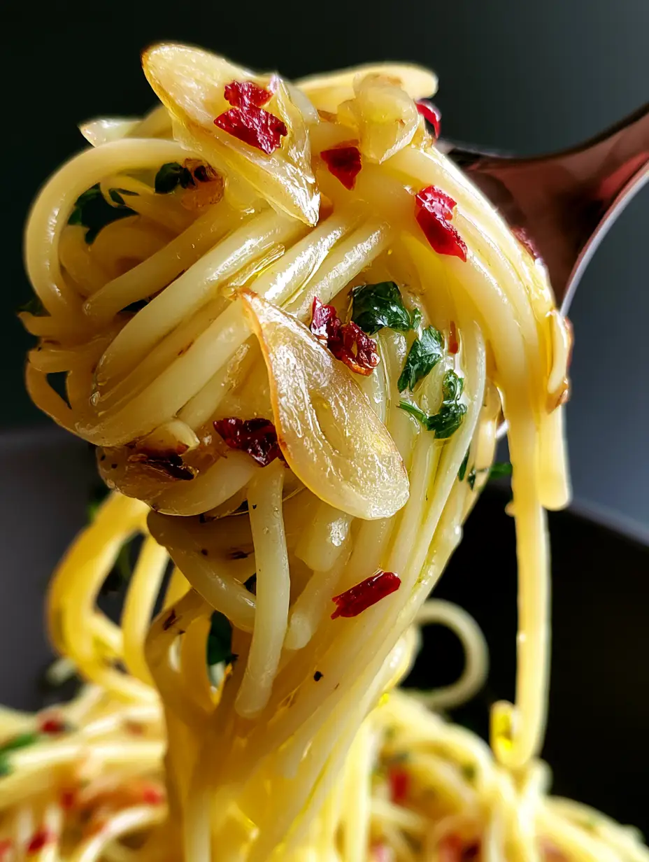 Spaghetti Aglio e Olio: The Ultimate Guide to Perfect Roman Pasta 4 Extreme macro close-up of al dente Spaghetti Aglio e Olio strands coated in glistening extra virgin olive oil with translucent garlic slivers.