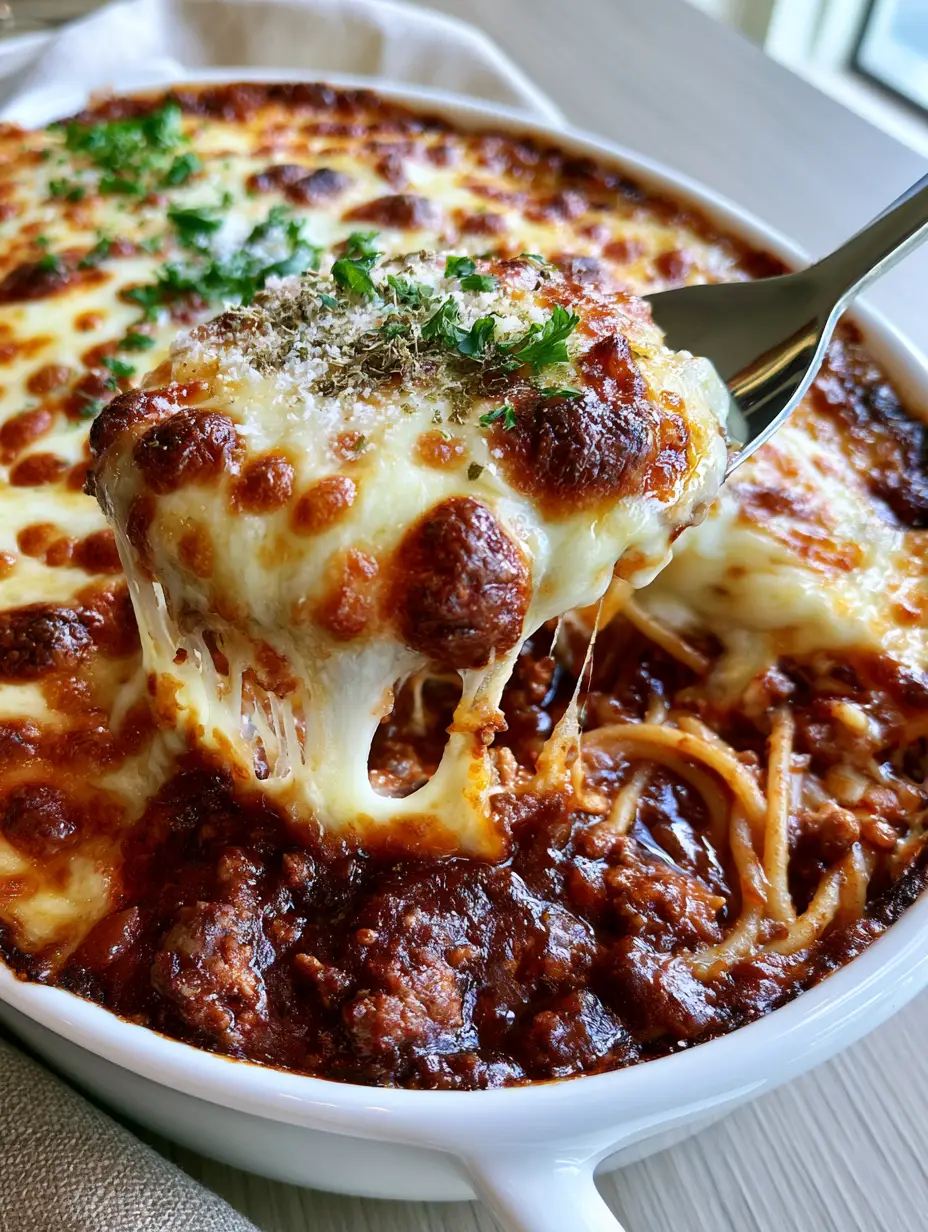 A smartphone photo of Chicago-style spaghetti showing a thick bubbling crust of melted mozzarella and provolone cheese with golden-brown spots.