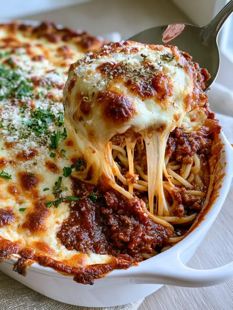 Detailed view of dark red chunky meat sauce and al dente spaghetti strands garnished with parsley and oregano.