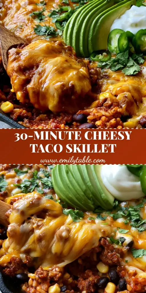 A sizzling Cheesy Taco Rice Skillet in a black cast iron pan featuring melted cheese, avocado slices, and fresh cilantro.
