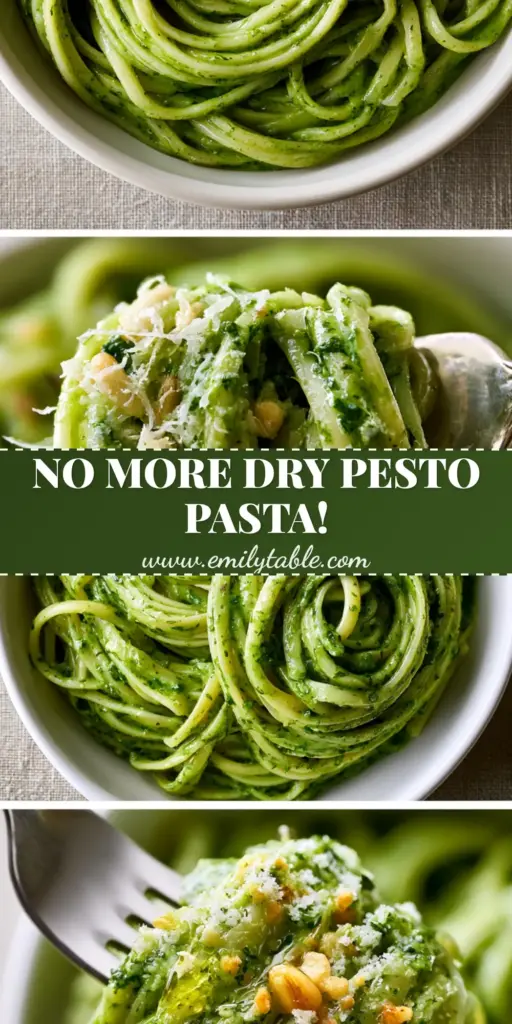 A professional food photography shot of pesto pasta with al dente linguine in a glossy emerald green basil cream sauce.