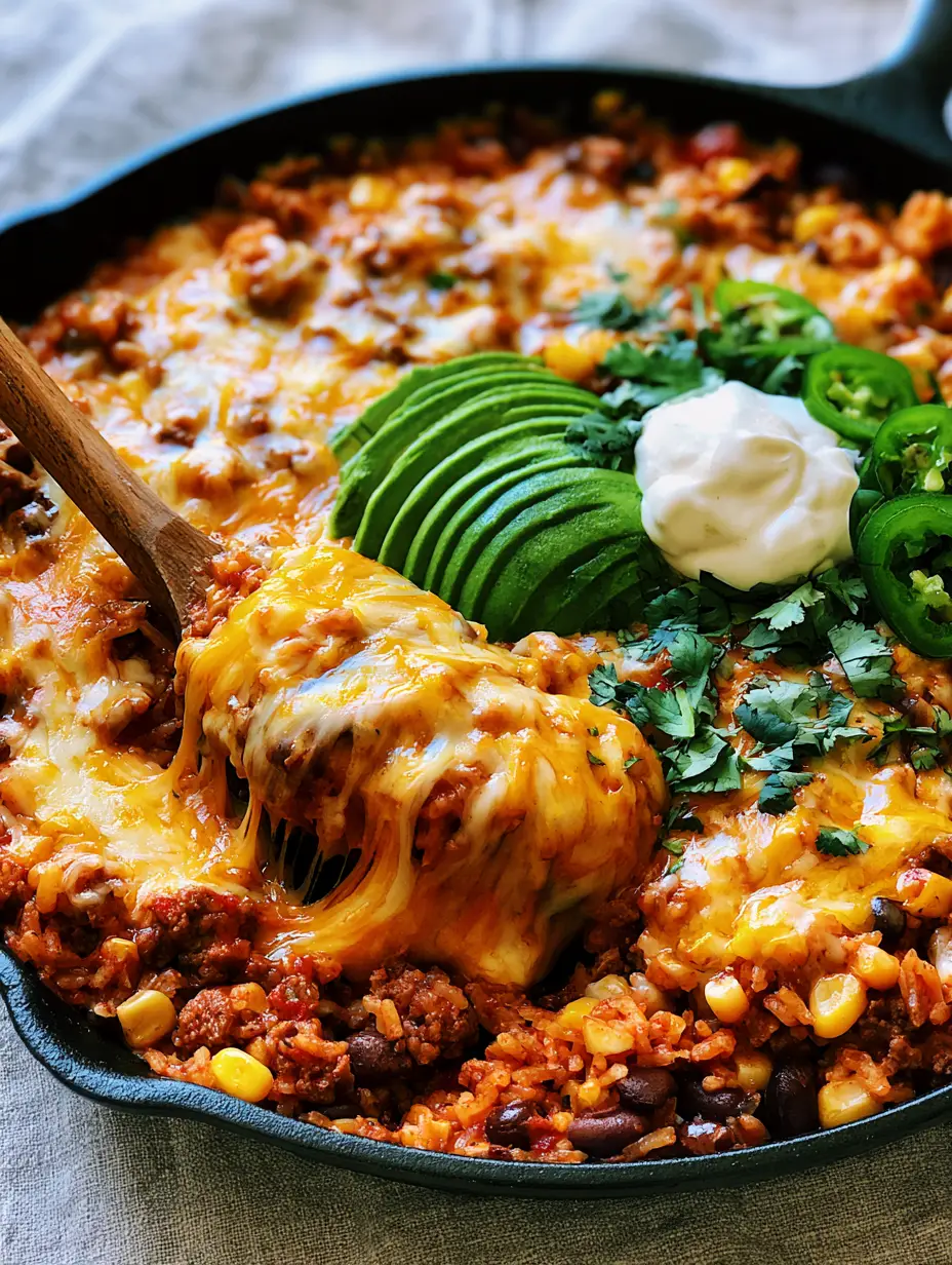 Extreme close up of a wooden spoon lifting a portion of Cheesy Taco Rice Skillet showing a dramatic cheese pull.