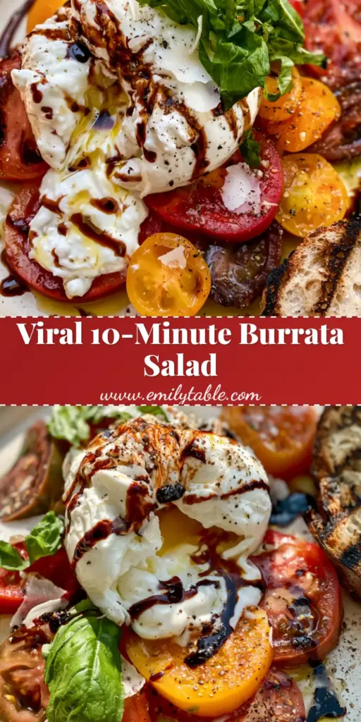 Tomato Burrata Salad with Creamy Stracciatella and Charred Sourdough 4 Top-down view of a Tomato Burrata Salad with vibrant heirloom tomatoes, creamy stracciatella, balsamic glaze, and charred sourdough toast on a cream plate.