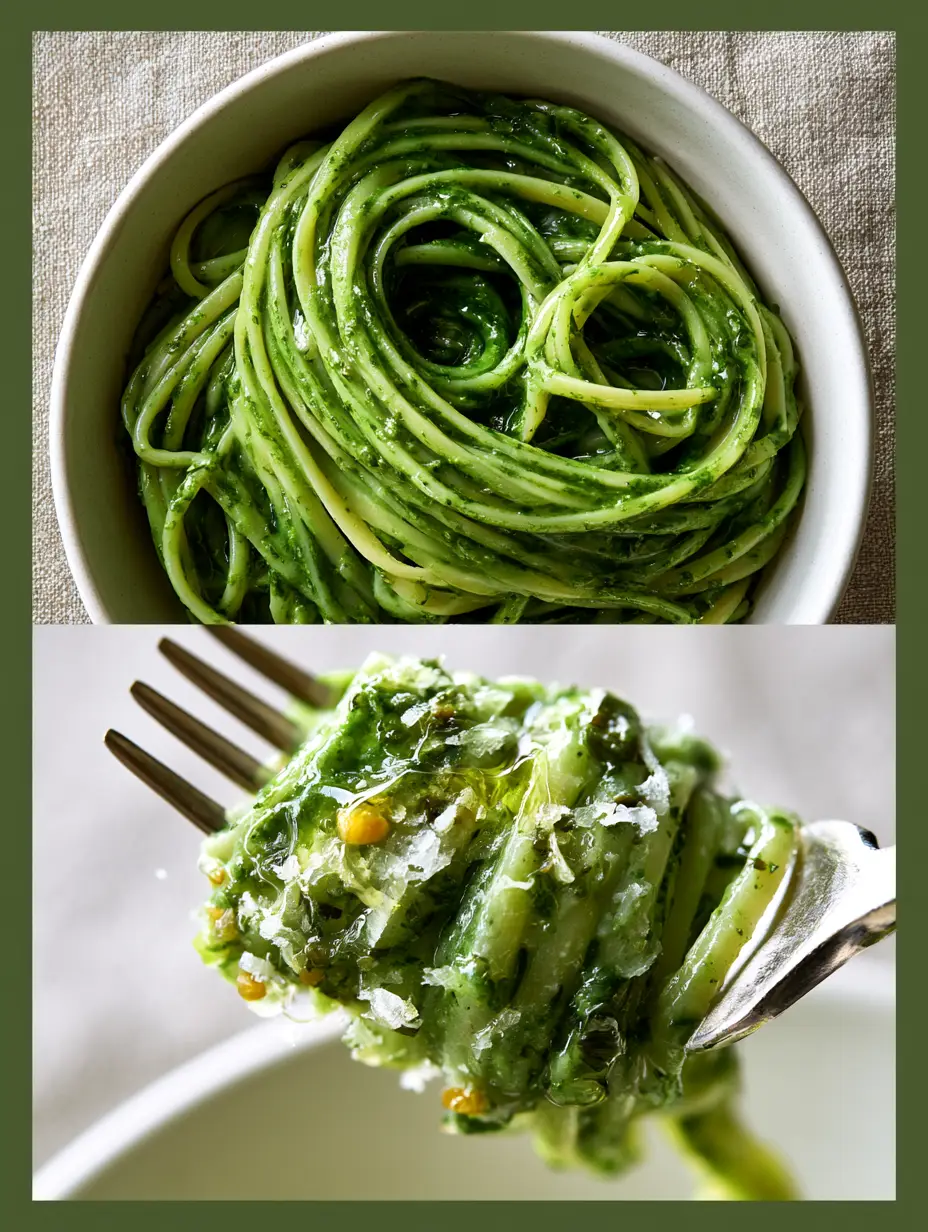 Bird's eye view of a white bowl filled with swirling pesto pasta and a glossy olive oil sheen.