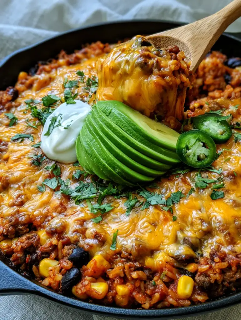 Top down view of a Cheesy Taco Rice Skillet with fanned avocado and sour cream on a grey linen background.