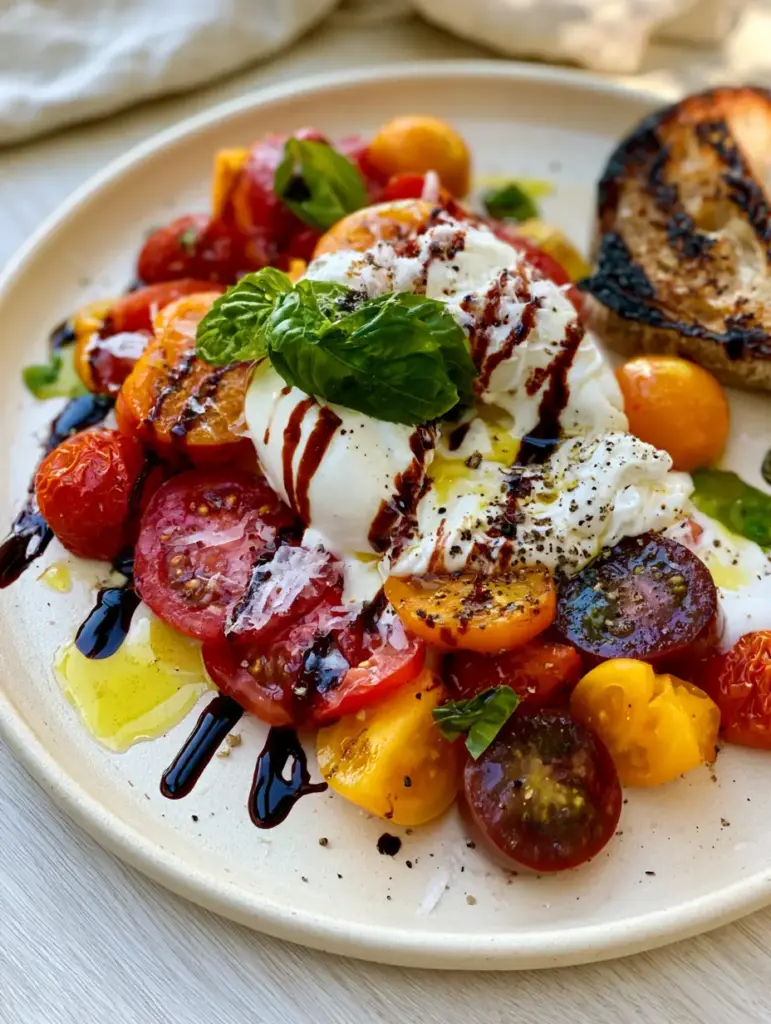 Close-up of creamy burrata cheese spilling over red and yellow heirloom tomatoes with balsamic glaze zig-zags.