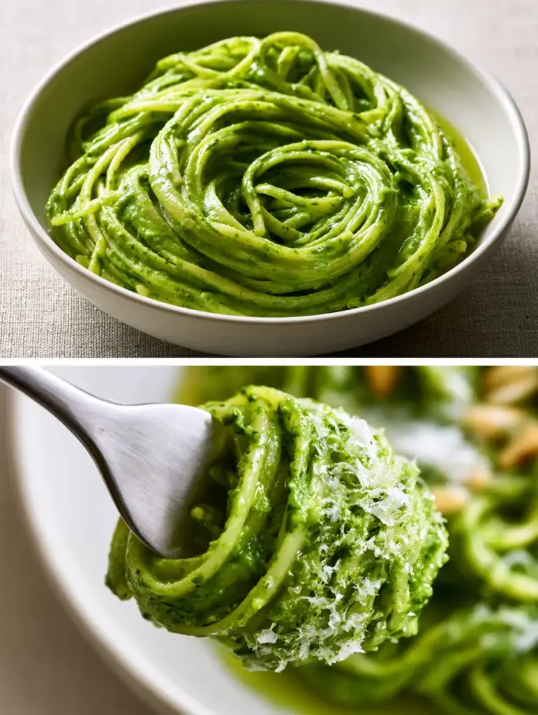 Macro close-up of a silver fork twirling linguine coated in creamy pesto with visible pine nuts and cheese.