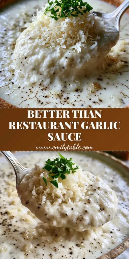A handheld smartphone photo of a rustic ceramic bowl filled with thick, velvety garlic parmesan sauce, garnished with a cloud of micro-planed parmesan and fresh parsley.